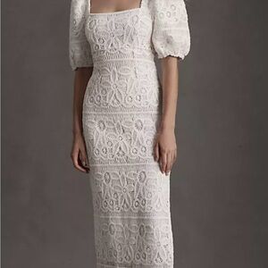 Saylor Keaton Puff-Sleeve Crochet Lace Midi Dress